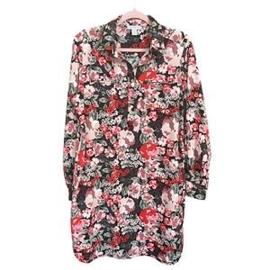 Carolina Belle Red Multi Floral Roll-Tab Long Sleeve Shift Shirt Dress Sz L EUC